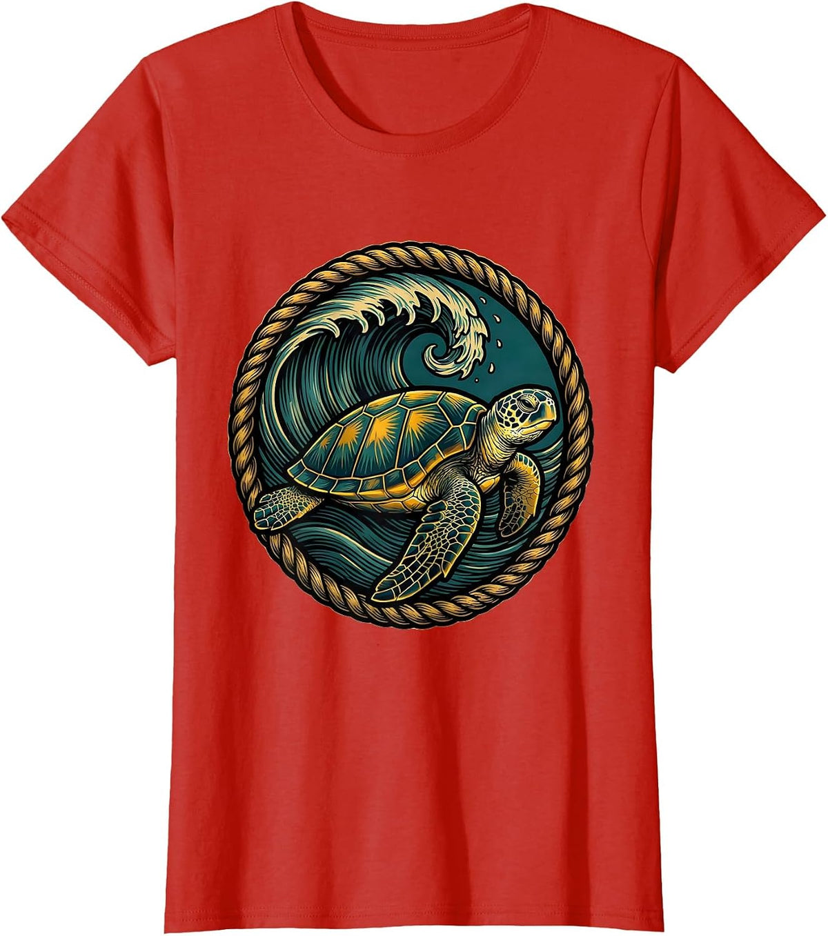 Women's Sea Turtle Under Breaking Wave Surf Design T-Shirt - Red