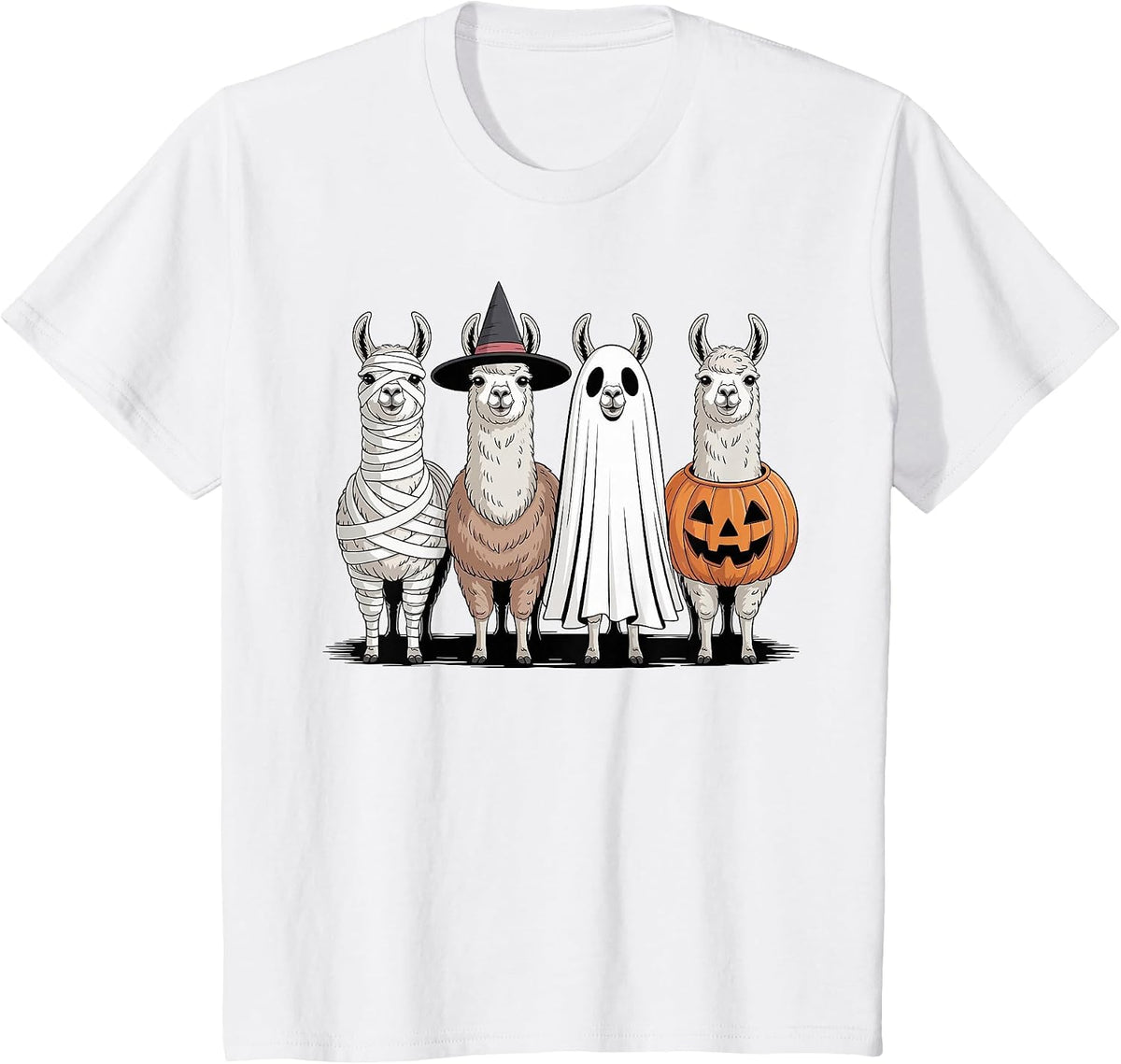 Spooky Ghost Llama Pumpkin Halloween Skeleton T-Shirt - White
