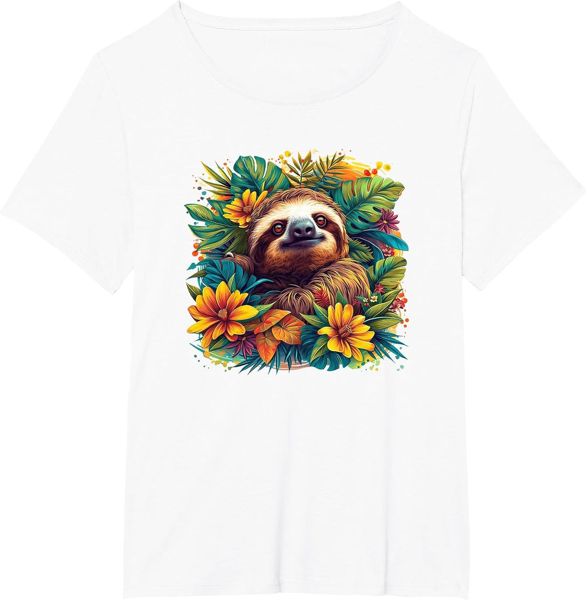 Mens Womens Kids Funny Design Tropical Flowers Sloth Lover T-Shirt - White