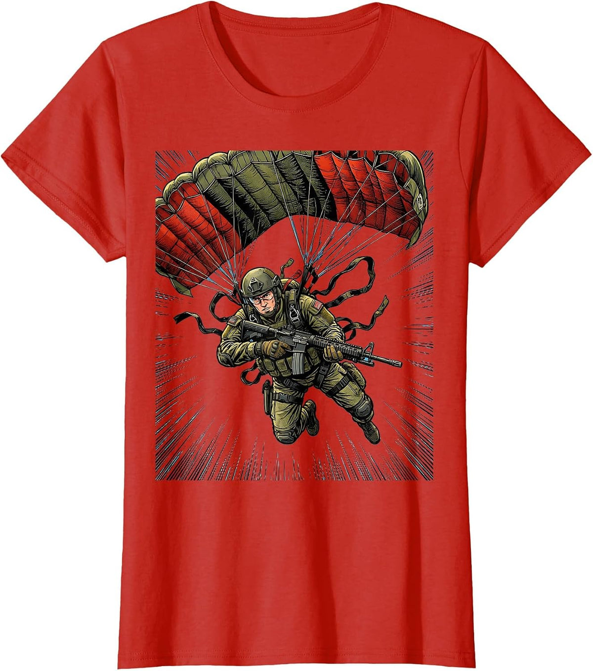 Paratrooper Mid-Air Freefall Military Illustration T-Shirt - Red