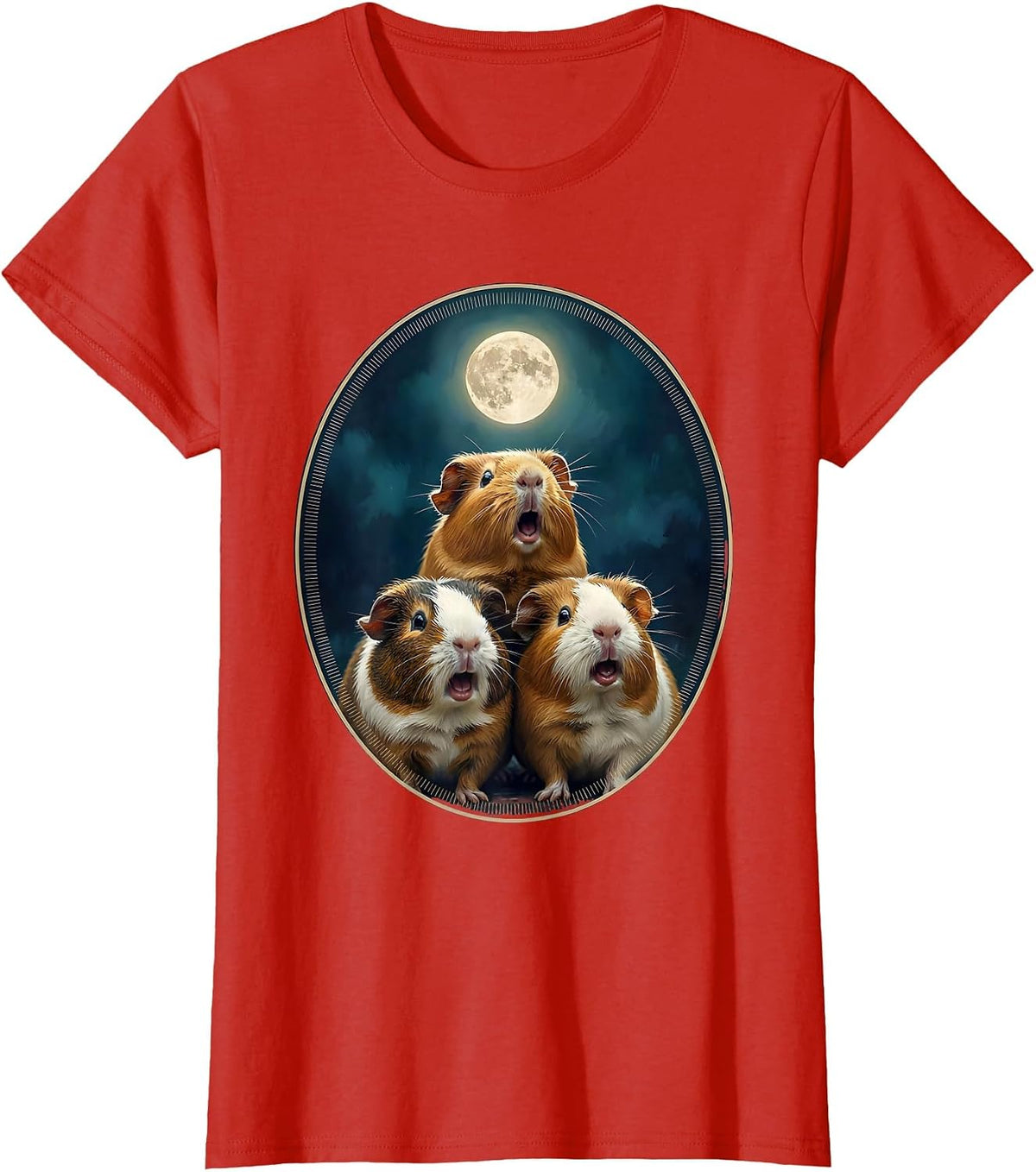 Women's Three Guinea Pig Moon Meme Parody Novelty Humor T-Shirt - Red