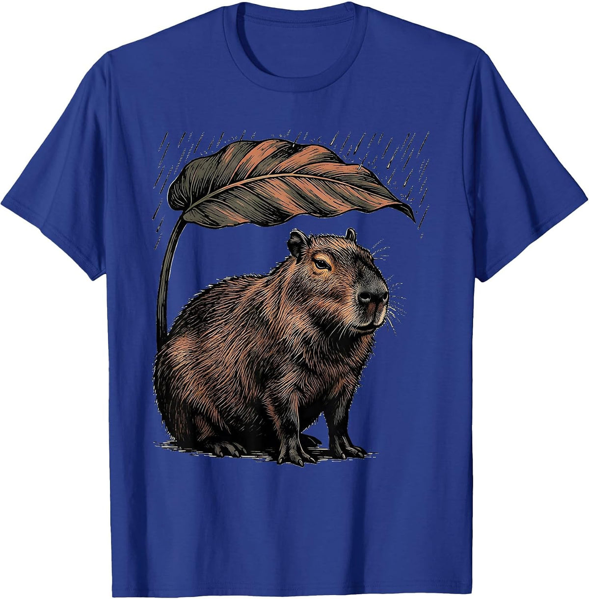 Capybara Under Leaf Linocut Funny Animal Humor T-Shirt - Royal Blue