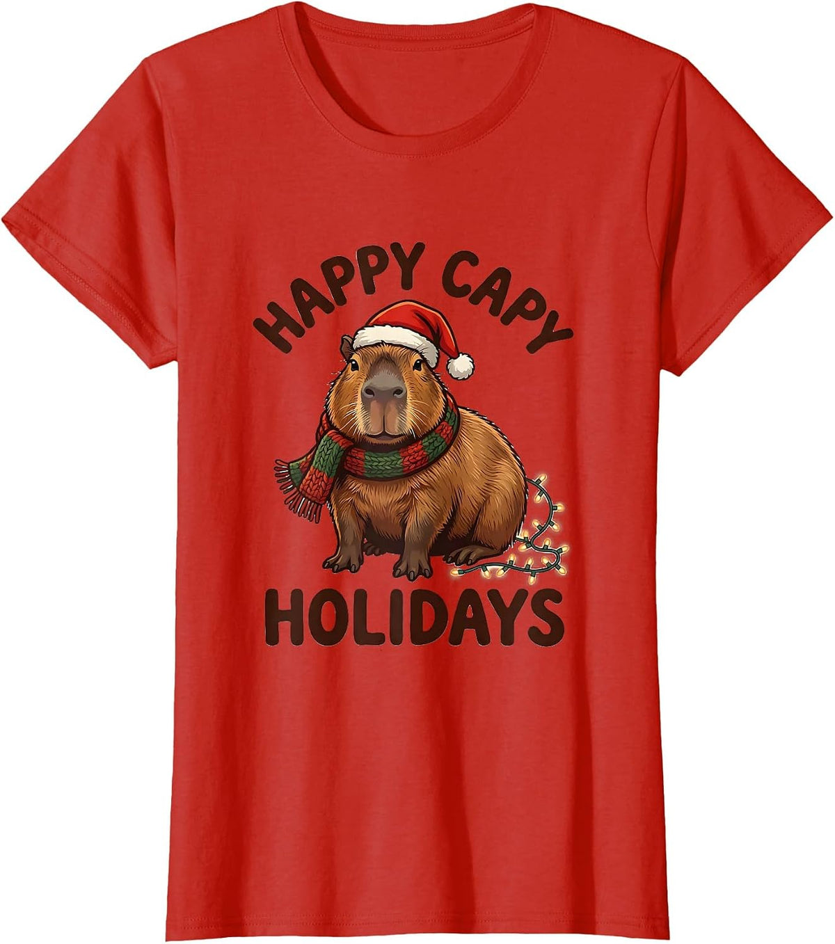 Women's Happy Capy Holidays Cute Capybara Santa Hat Christmas Family T-Shirt - Red