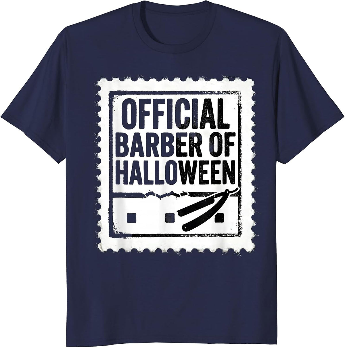 Men's Official Barber Of Halloween Rubber Stamp Skeleton Barber T-Shirt - Navy Blue