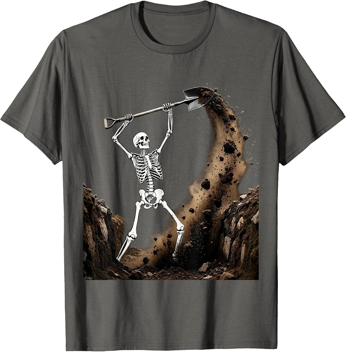 Skeleton Grave Digger Underground Halloween Graphic T-Shirt - Asphalt Grey