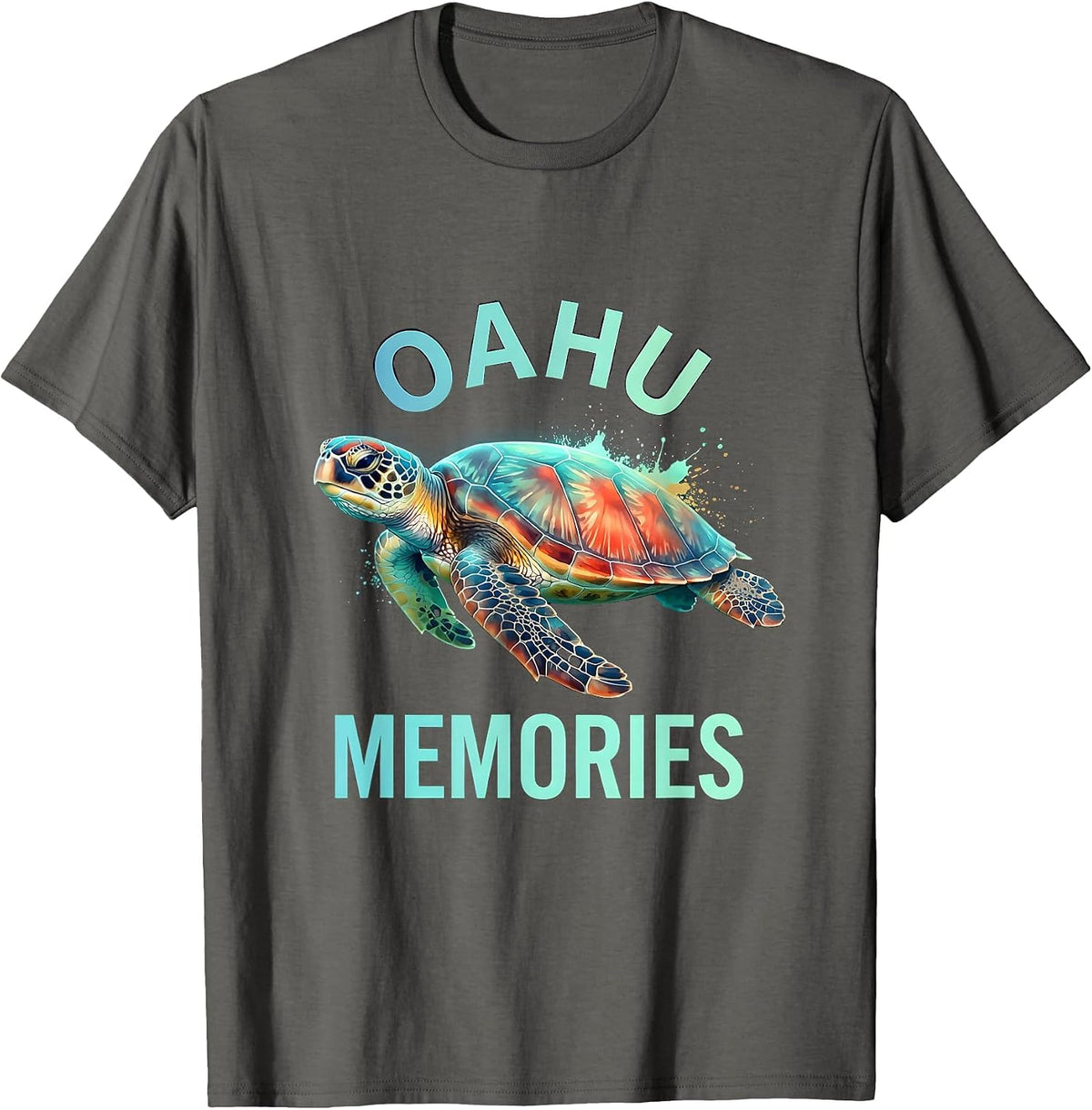 Oahu Memories Watercolor Sea Turtle Design T-Shirt - Asphalt Grey
