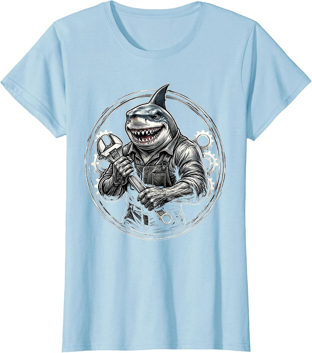 Mechanic Shark Holding Wrench Funny Ocean Art T-Shirt - Baby Blue