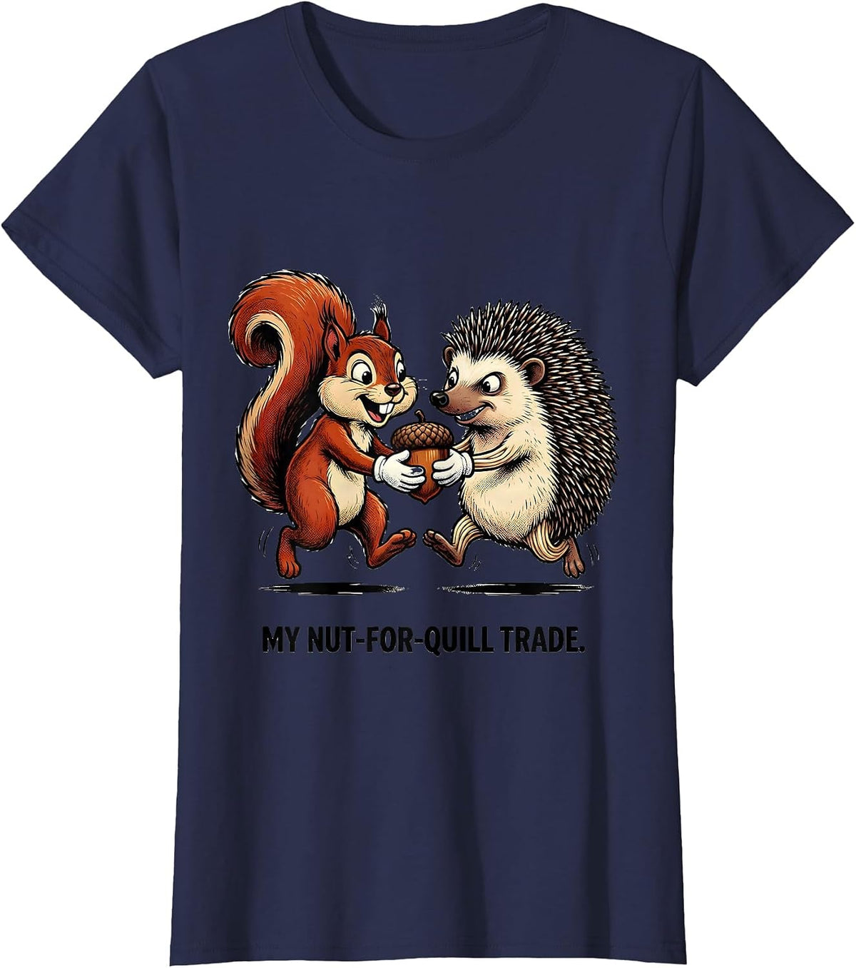 Women's My Nut-For-Quill Trade Retro Cartoon Squirrel Hedgehog T-Shirt - Navy Blue