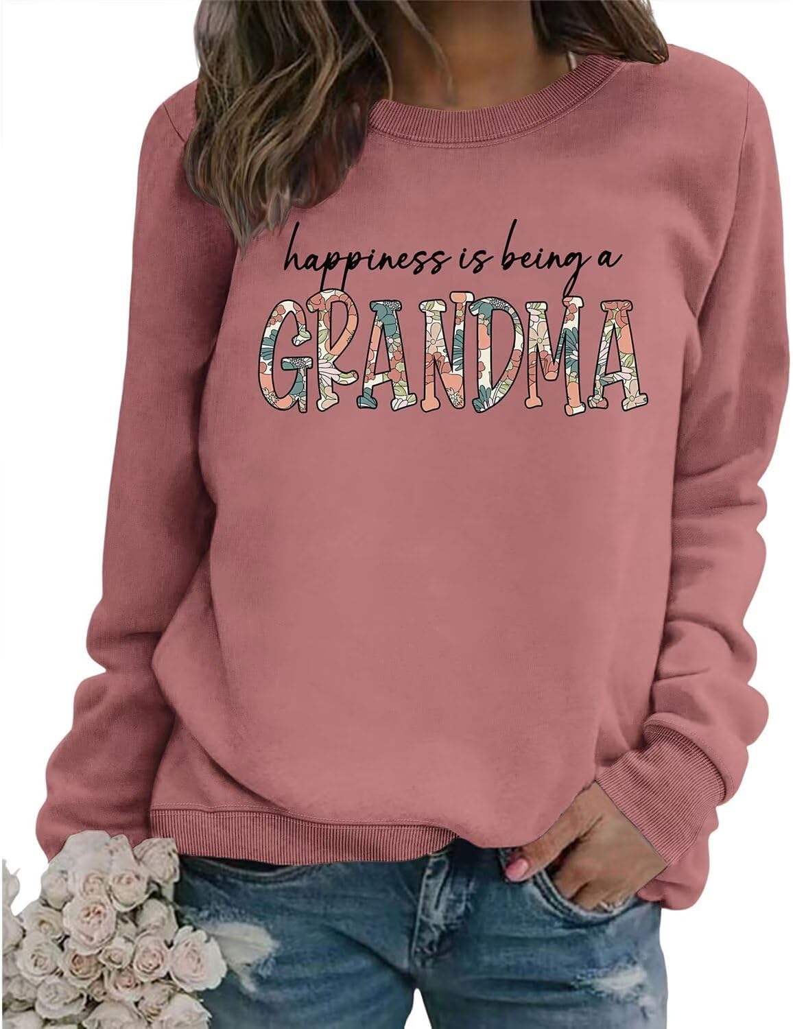 Grandma Sweatshirt for Women Happiness is Being a Grandma Graphic Shirts - Rose Gold