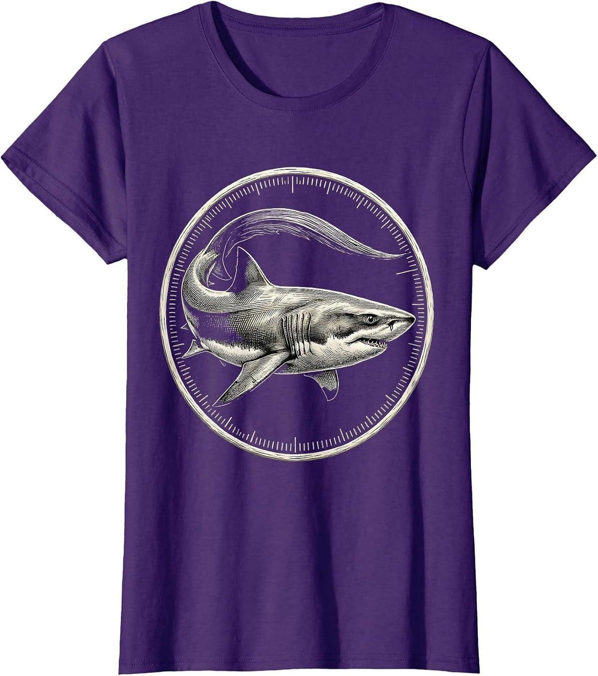 Women's Thresher Shark Engraved Badge Vintage Ocean Animal Humor T-Shirt - Purple