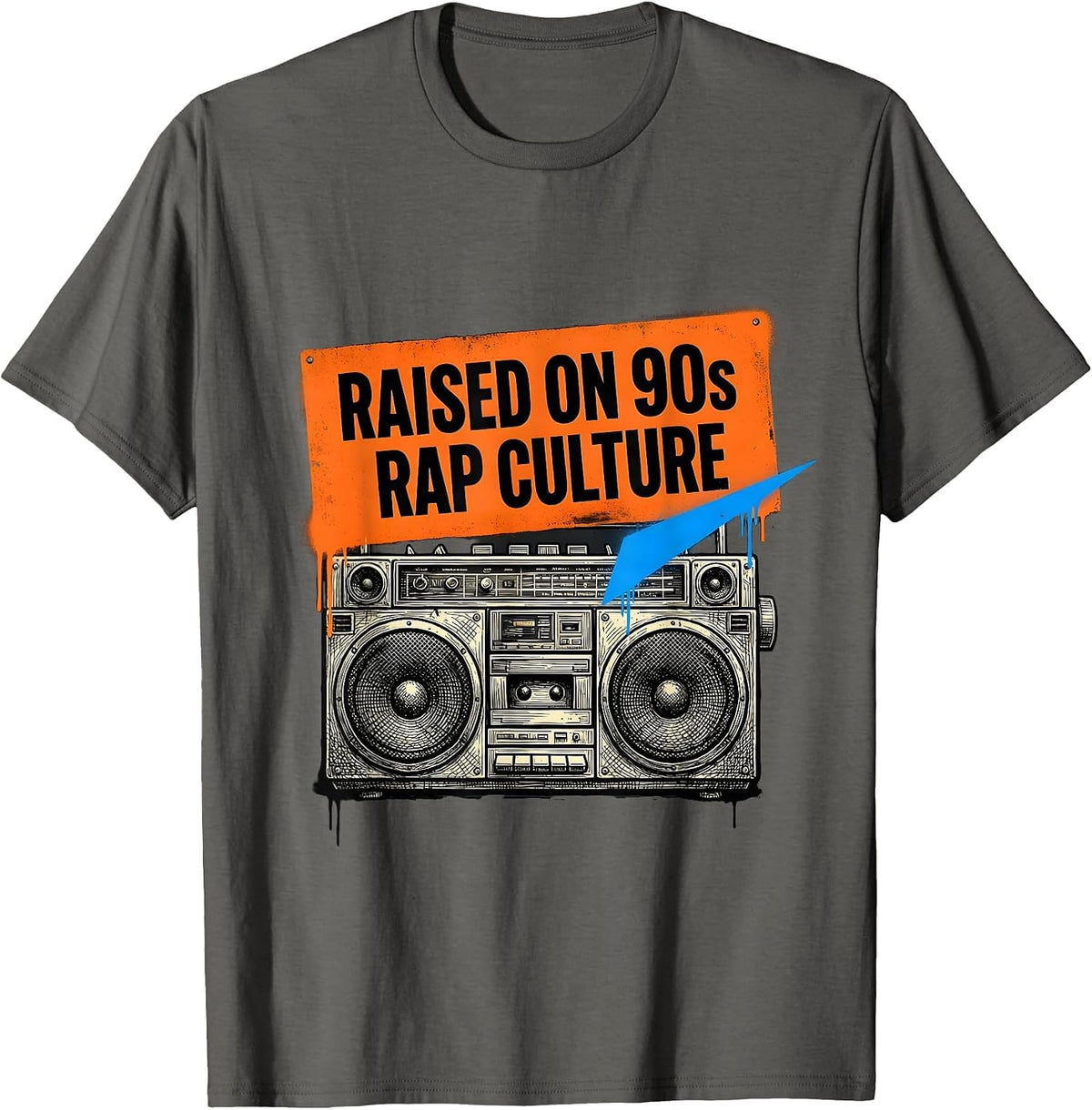 Men's Raised On 90s Rap Culture Graffiti Old School Hip Hop T-Shirt - Asphalt Grey