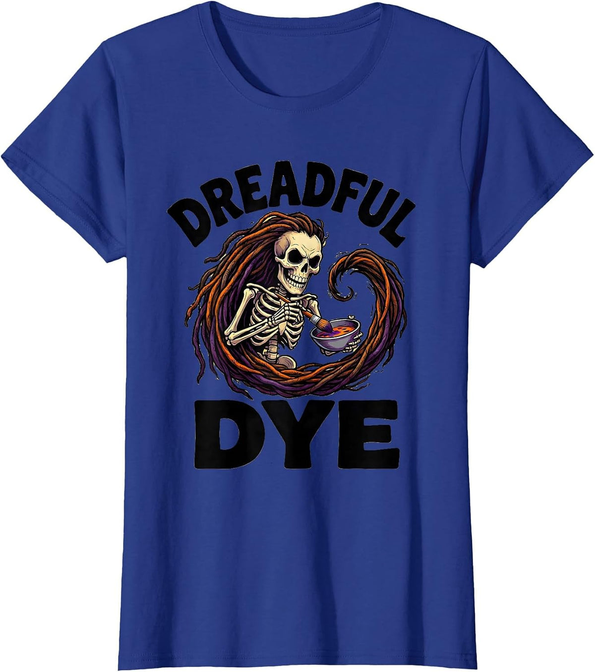 Women's Dreadful Dye Cartoon Skeleton Hair Stylist Halloween Barber T-Shirt - Royal Blue