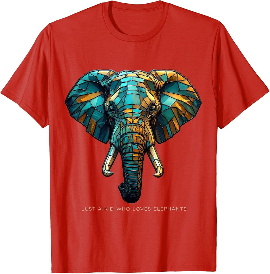 Men's Just A Kid Who Loves Elephants Stained Glass Mosaic Elephant T-Shirt - Red