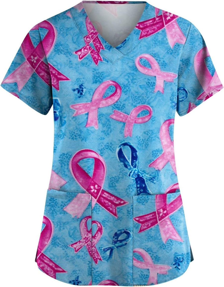 Breast Cancer Scrub Tops Women Plus Size Stretch V Neck Short Sleeve Nursing Scrub Shirts Lightweight Medical Uniform Pink