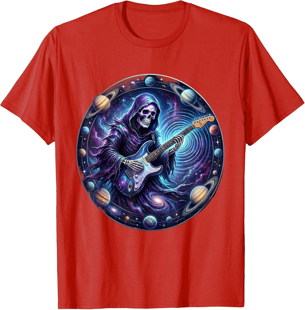 Men's Grim Reaper Electric Guitar Rock Halloween T-Shirt - Red