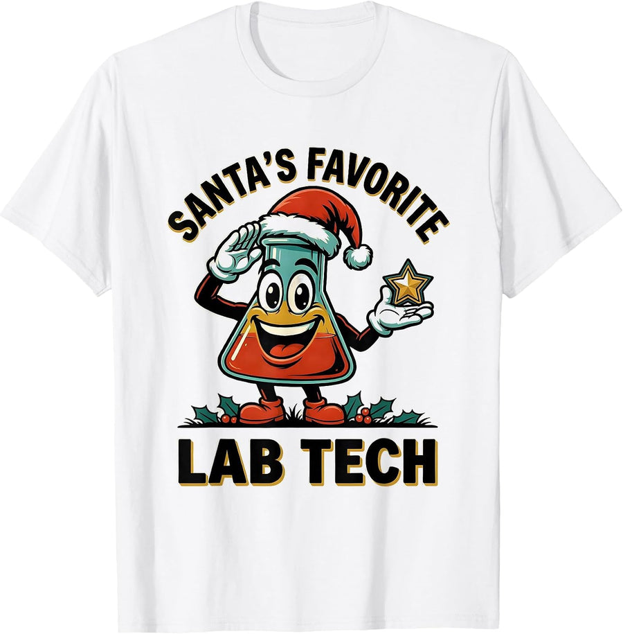 Men's Santa's Favorite Lab Tech Funny Pharmacy Technician T-Shirt - White