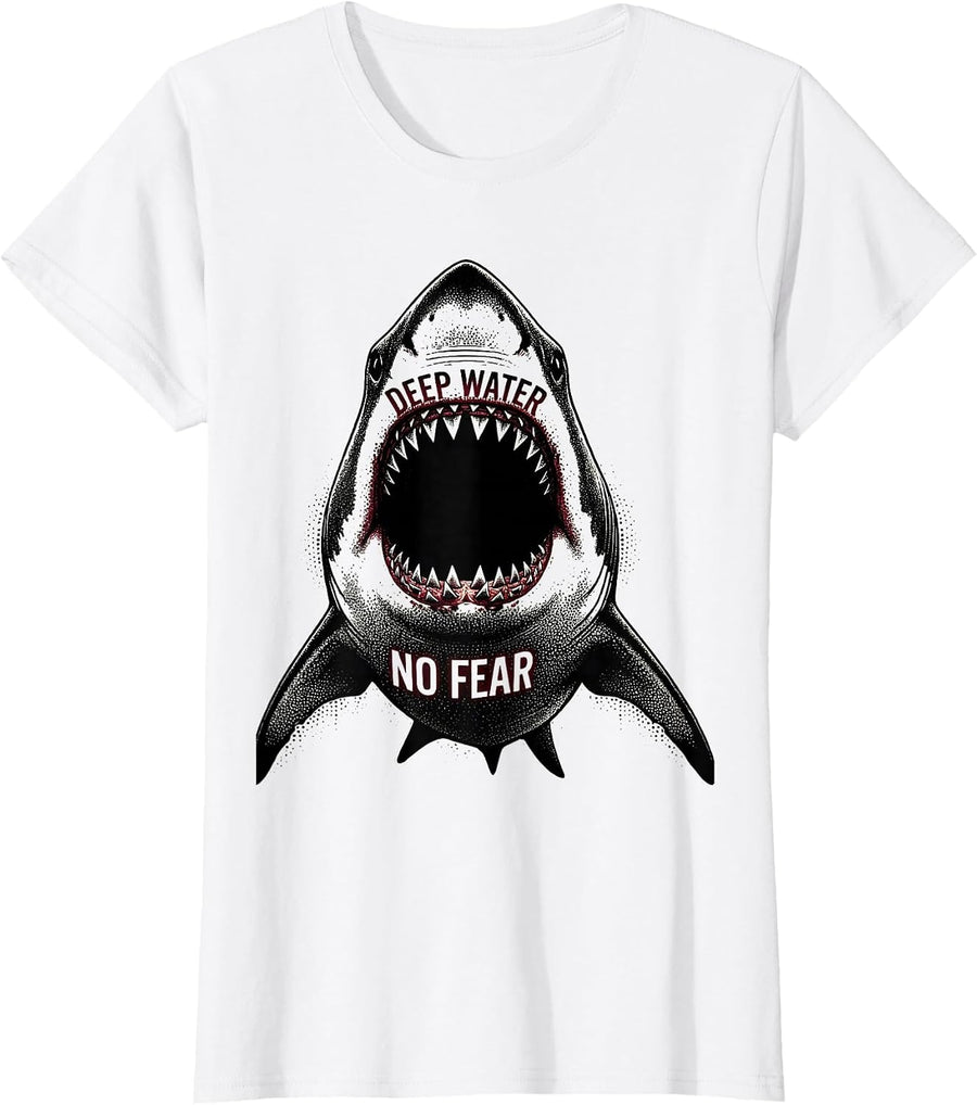 Women's Deep Water No Fear Bold Shark Design T-Shirt - White