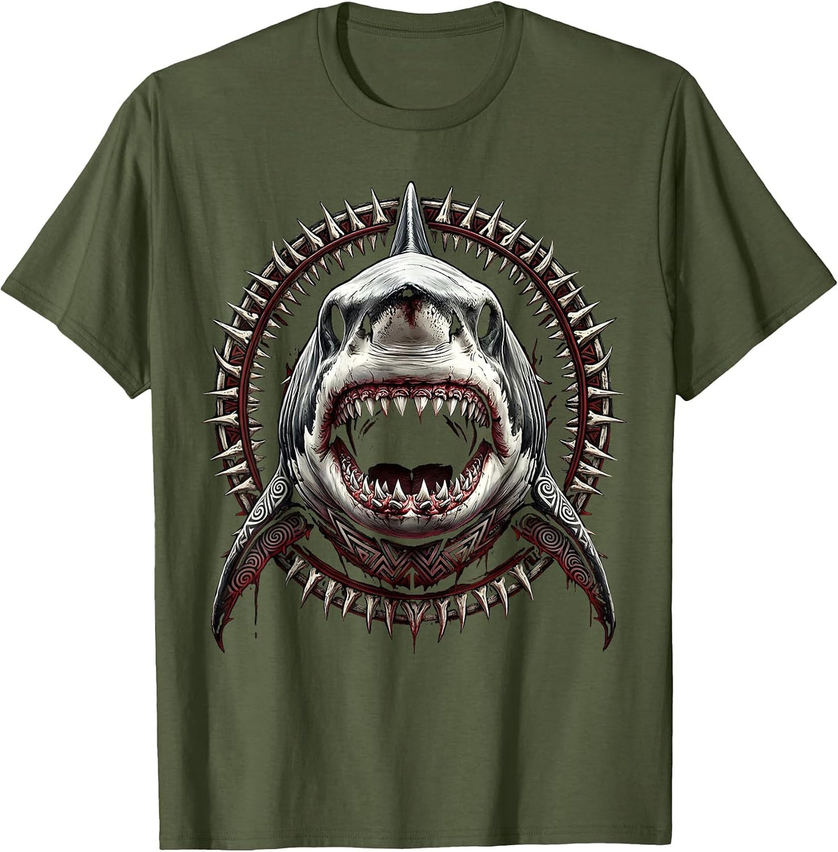 Tribal Tattoo Shark Forward-Facing Graphic T-Shirt - Olive Green