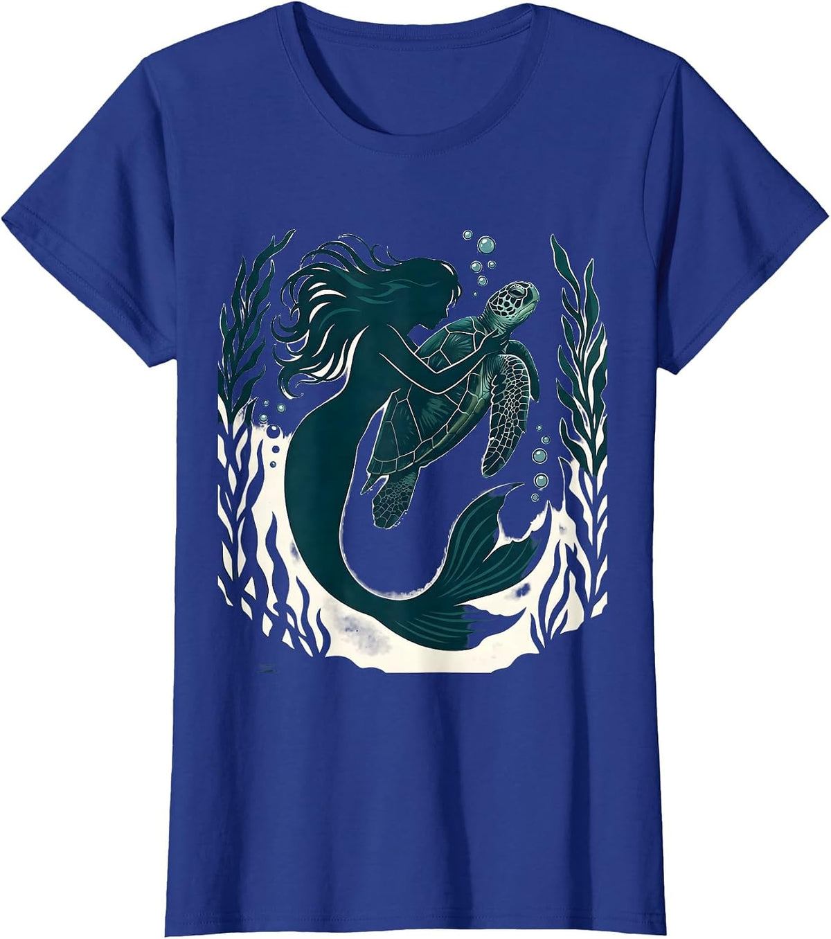 Women's Mermaid and Sea Turtle Underwater Embrace T-Shirt - Royal Blue