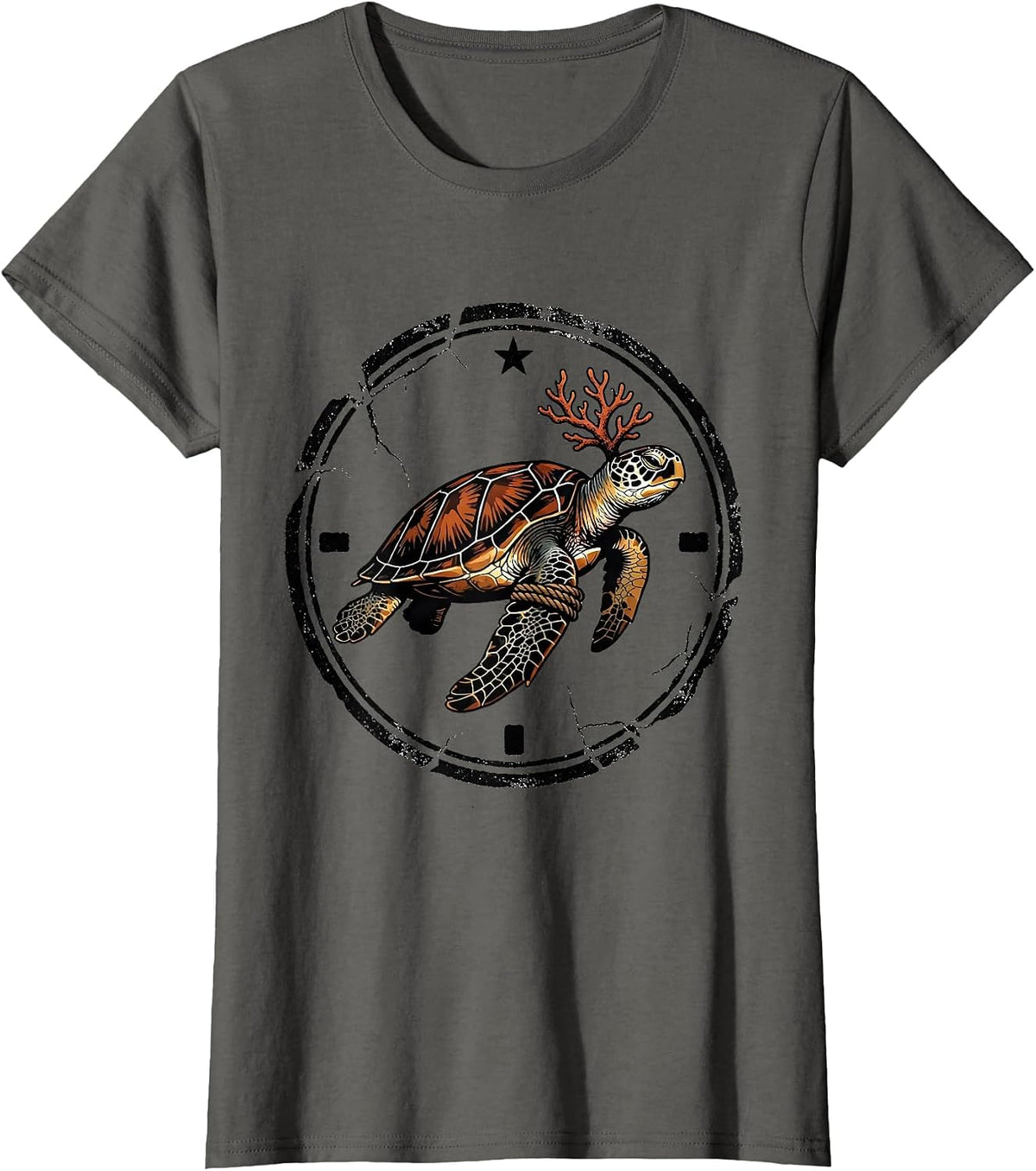 Women's Sea Turtle Stamp Christmas Lights Santa Hat Holiday Humor T-Shirt - Asphalt Grey