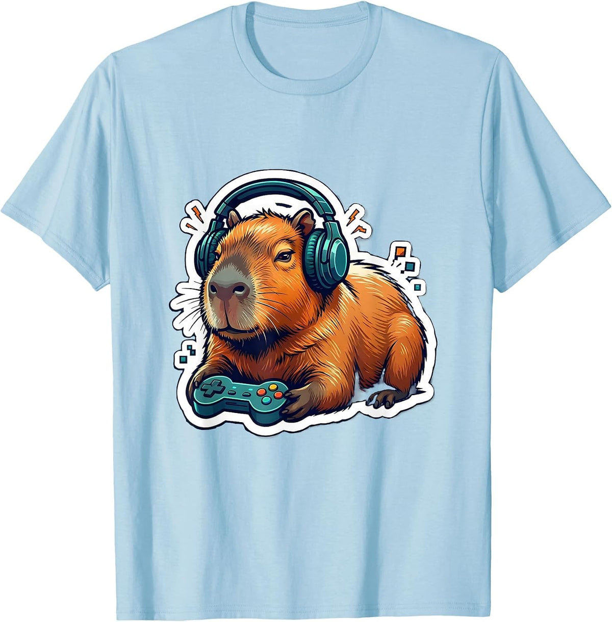 Men's Capybara Gamer Sticker Style Animal Humor T-Shirt - Baby Blue