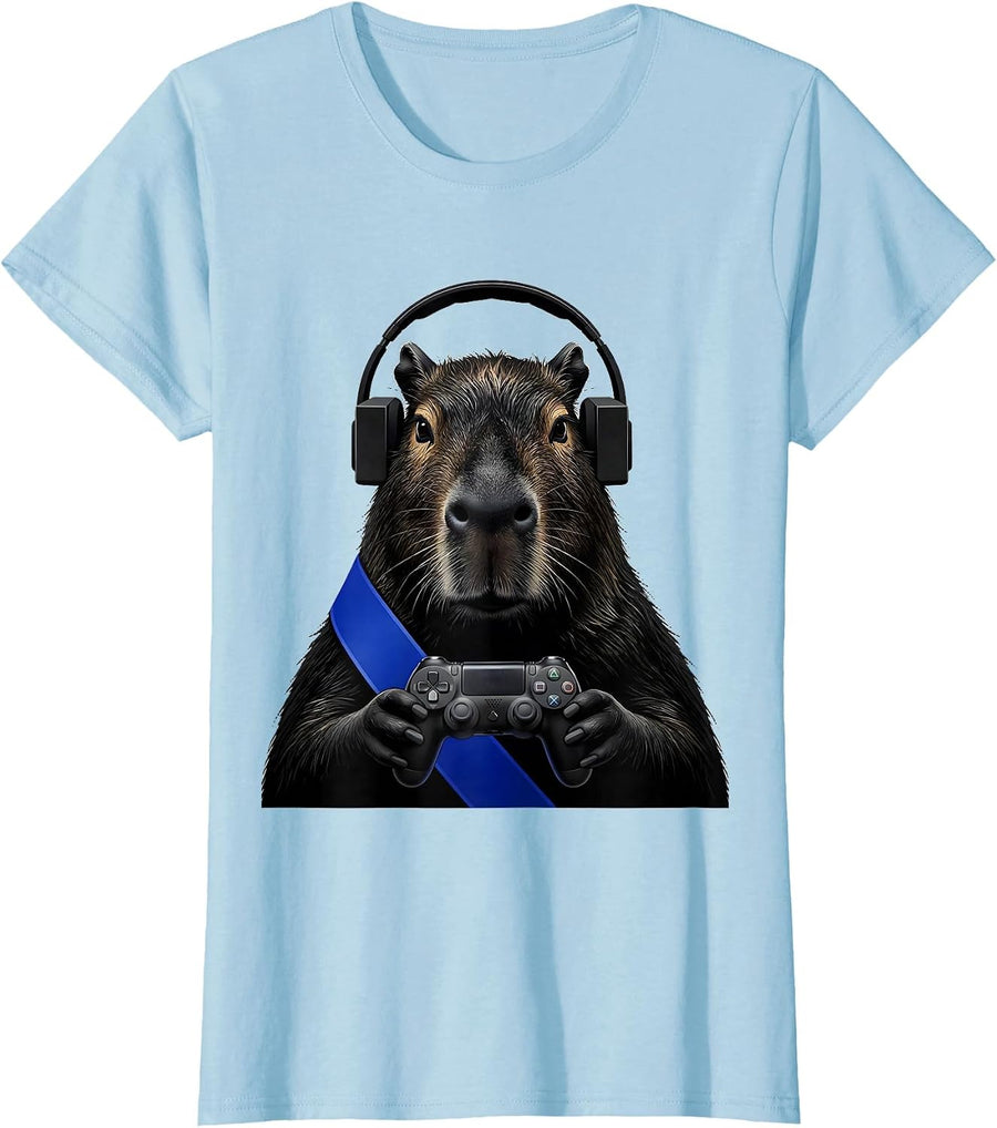 Women's Capybara Gamer Bruh Meme Humor Retro T-Shirt - Baby Blue