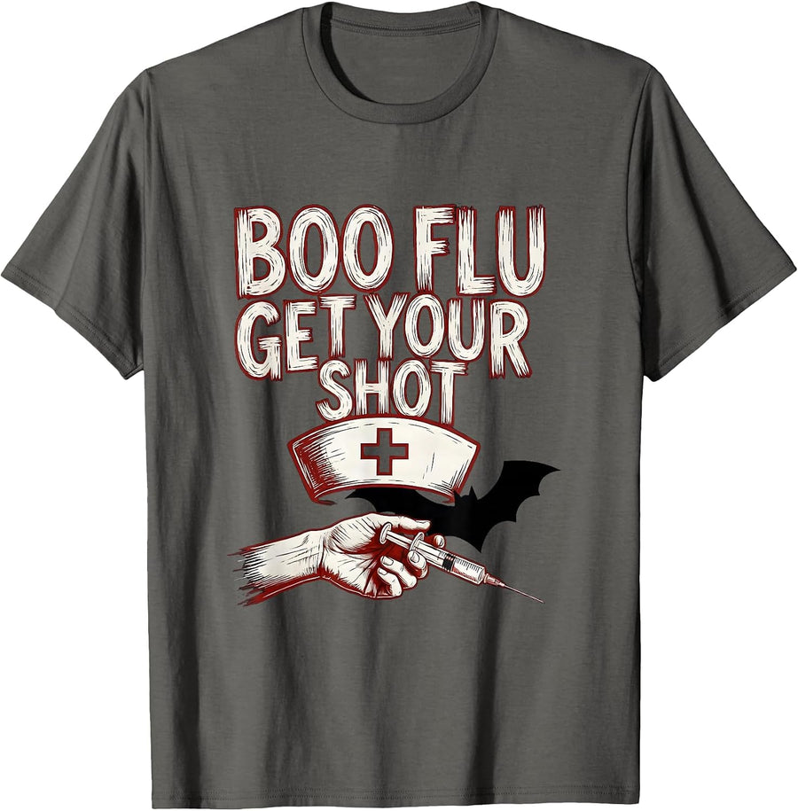 Boo Flu Get Your Shot Funny Nurse Halloween Vaccine Humor T-Shirt - Asphalt Grey