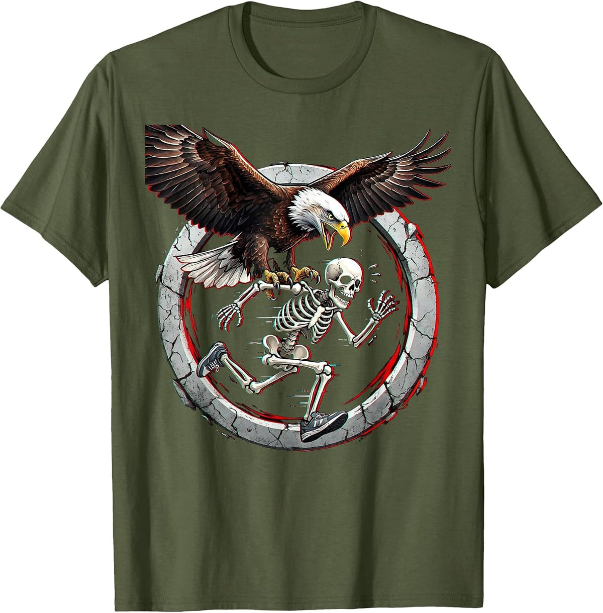 Skeleton Chased by Bald Eagle Patriotic Design T-Shirt - Olive Green