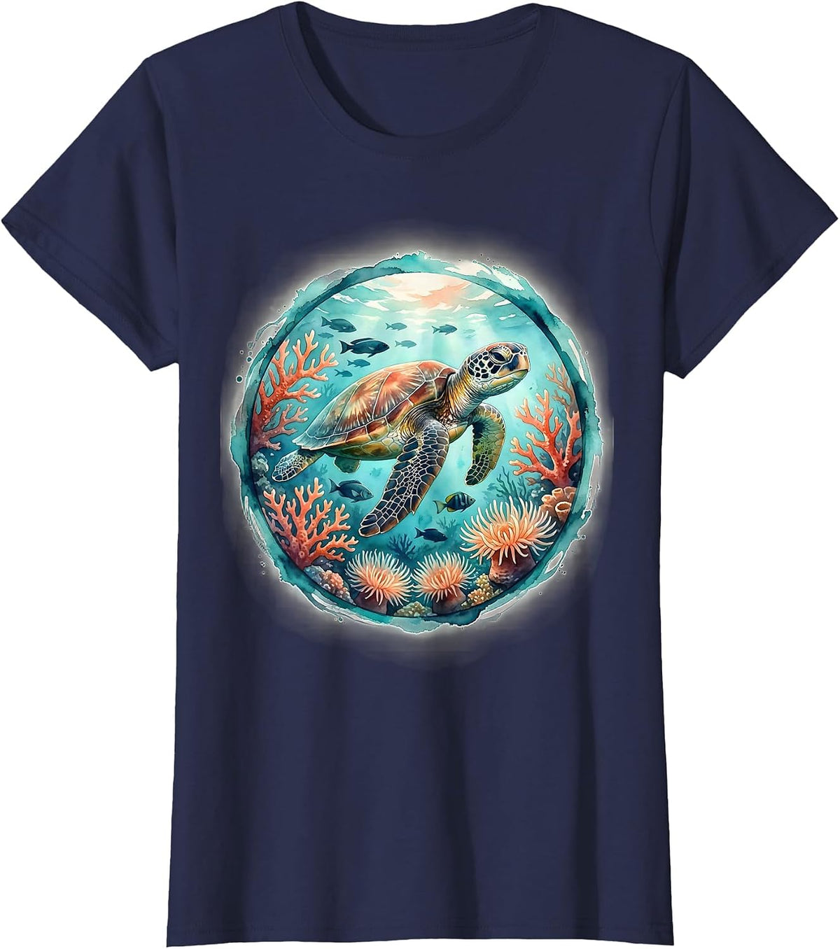 Women's Costa Rica Sea Turtle Coral Reef Illustration T-Shirt - Navy Blue