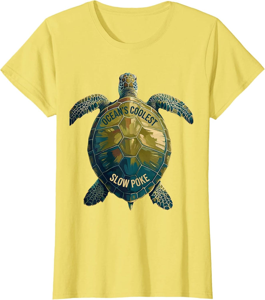 Ocean's Coolest Slow Poke Turtle Design T-Shirt - Lemon Yellow