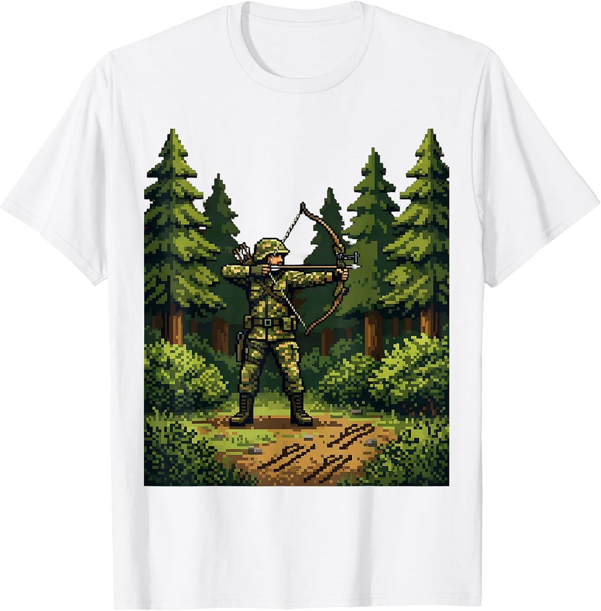 Men's Camo Bowhunter in Forest Clearing Illustration T-Shirt - White
