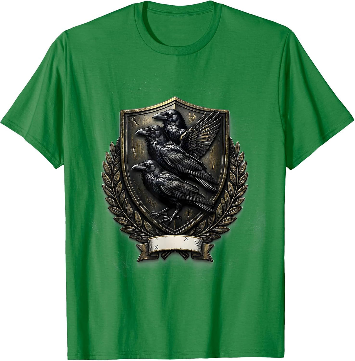 Men's Heraldic Crow Shield Dark Humor Bird Lover Emblem T-Shirt - Kelly Green