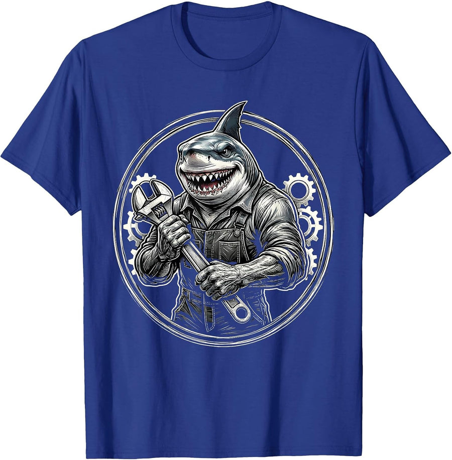 Mechanic Shark Holding Wrench Funny Ocean Art T-Shirt - Royal Blue