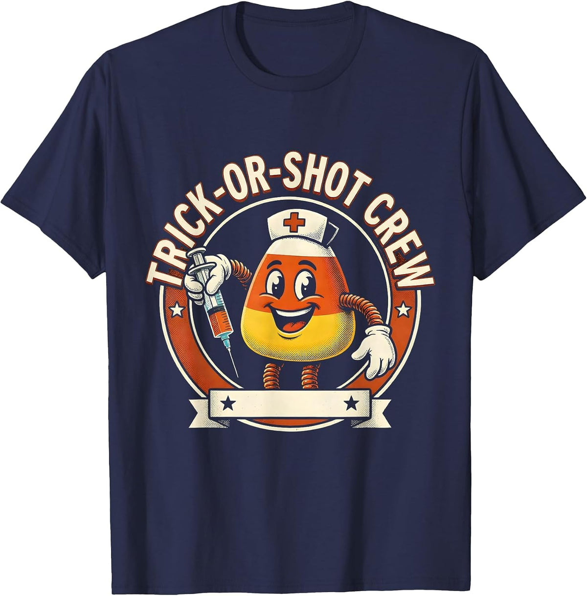 Trick-Or-Shot Crew Retro Cartoon Nurse Halloween Humor T-Shirt - Navy Blue