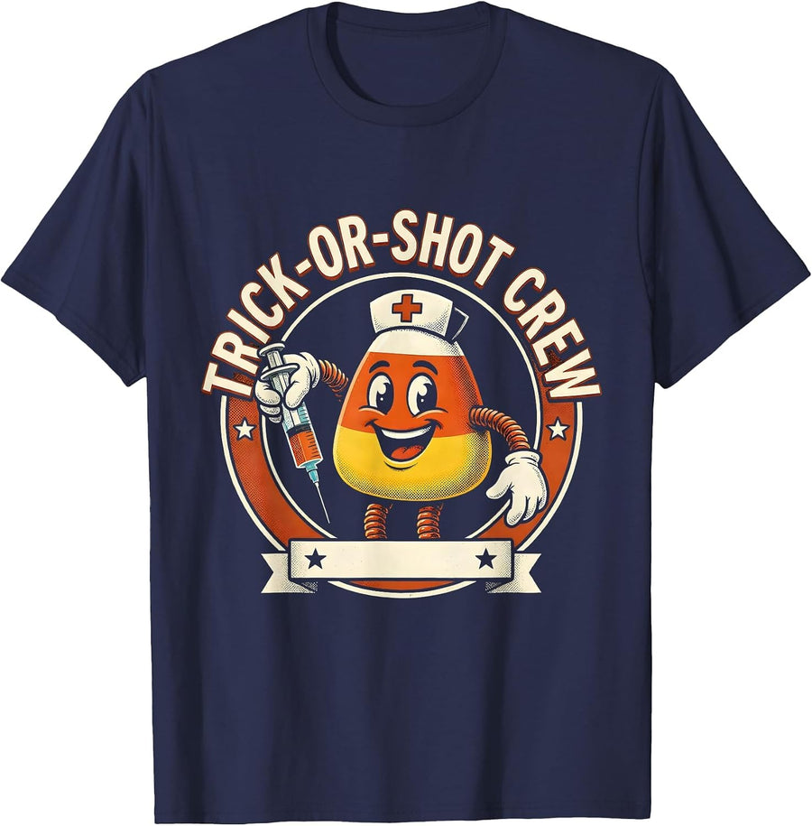 Trick-Or-Shot Crew Retro Cartoon Nurse Halloween Humor T-Shirt - Navy Blue