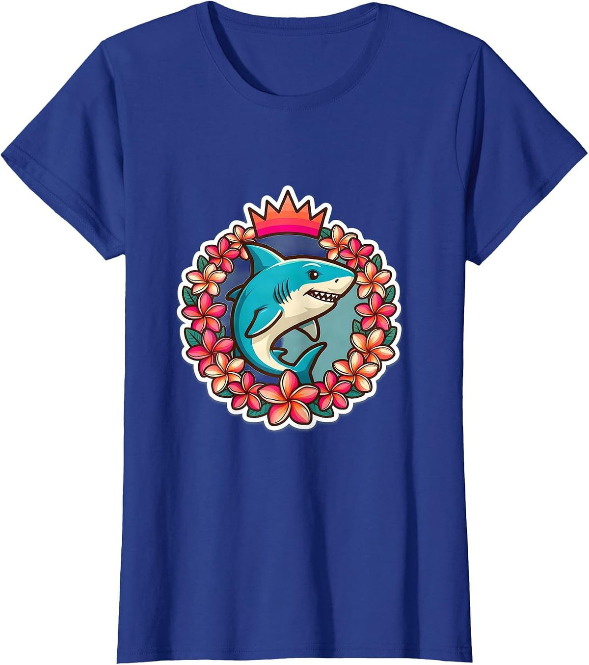 Women's Maui Plumeria Wreath Shark Tropical Illustration T-Shirt - Royal Blue