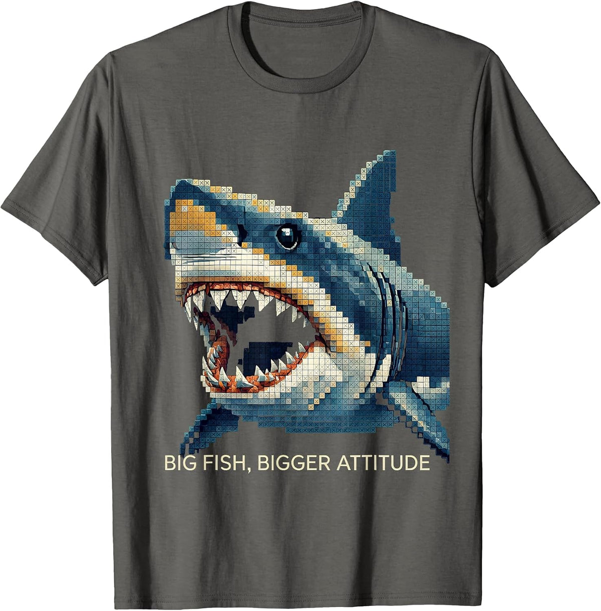 Men's Big Fish Bigger Attitude Bold Shark Design T-Shirt - Asphalt Grey