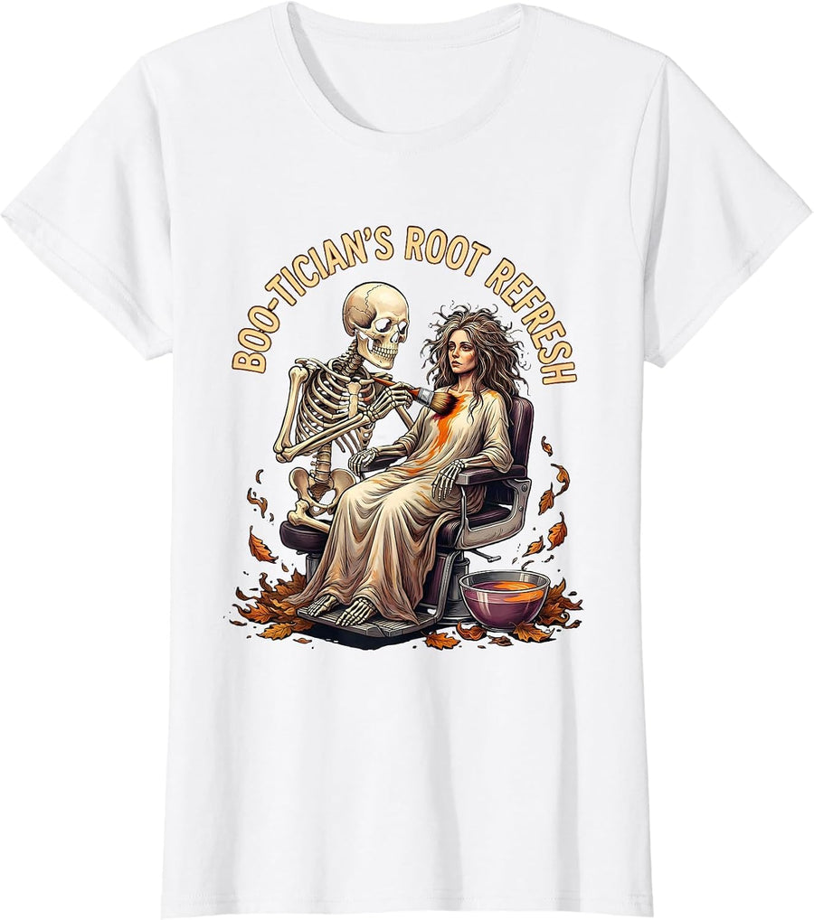 Women's Boo-tician's Root Refresh Funny Skeleton Hairdresser T-Shirt - White