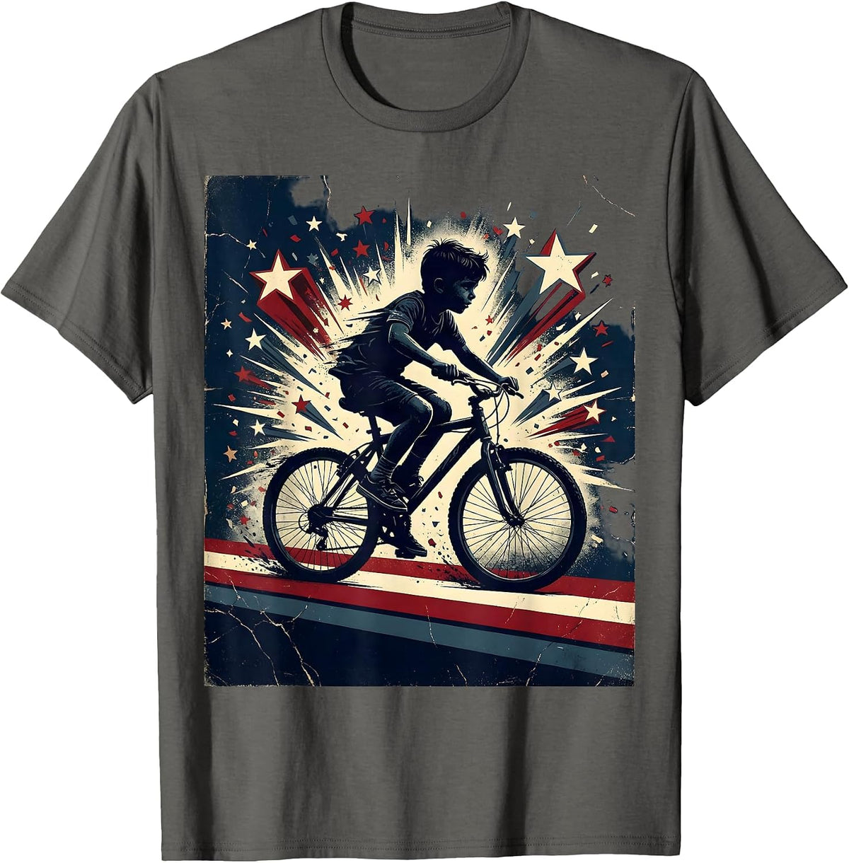 Red White and Blue Bicycle Confetti Celebration T-Shirt - Asphalt Grey