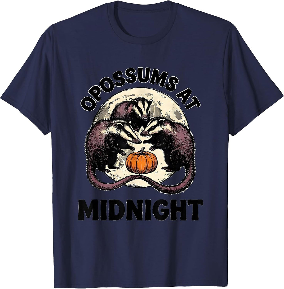 Opossums At Midnight Vintage Gothic Halloween Spooky Moon T-Shirt - Navy Blue