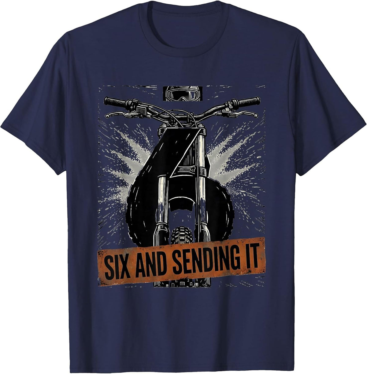 Six And Sending It Linocut Dirt Bike Kids Birthday T-Shirt - Navy Blue