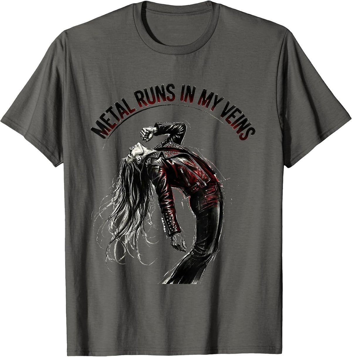 Metal Runs In My Veins Heavy Metal Design T-Shirt - Asphalt Grey