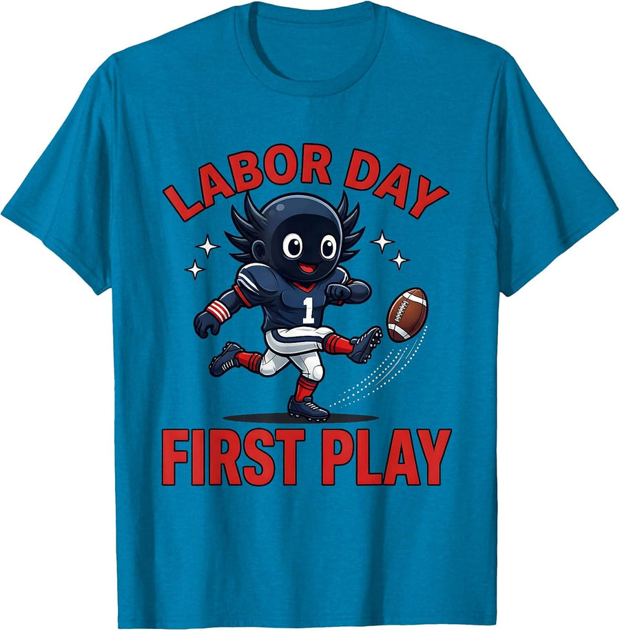 LABOR DAY FIRST PLAY Cartoon Football Player Holiday Weekend T-Shirt - Sapphire Blue