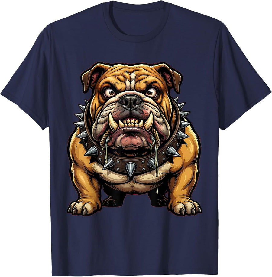 Drooling Bulldog Spiked Collar Graphic Tee T-Shirt - Navy Blue