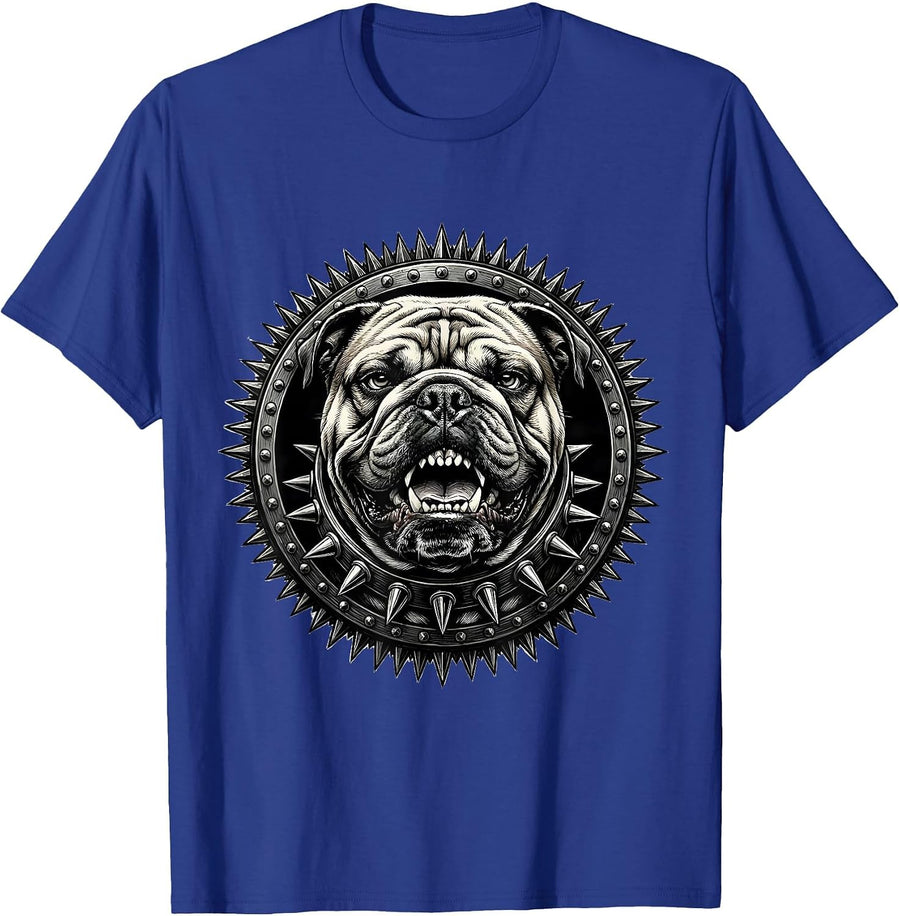 Punk Rock Snarling Bulldog Spiked Collar Graphic T-Shirt - Royal Blue