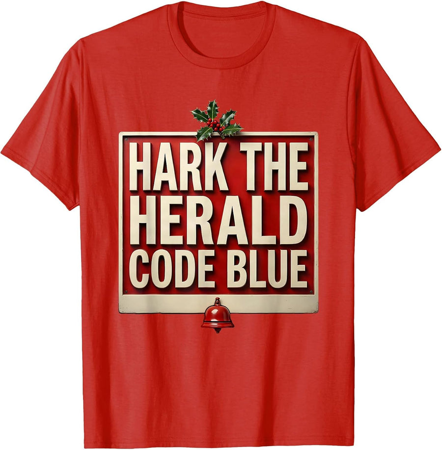 Men's Hark The Herald Code Blue Funny Nurse Christmas Humor T-Shirt - Red