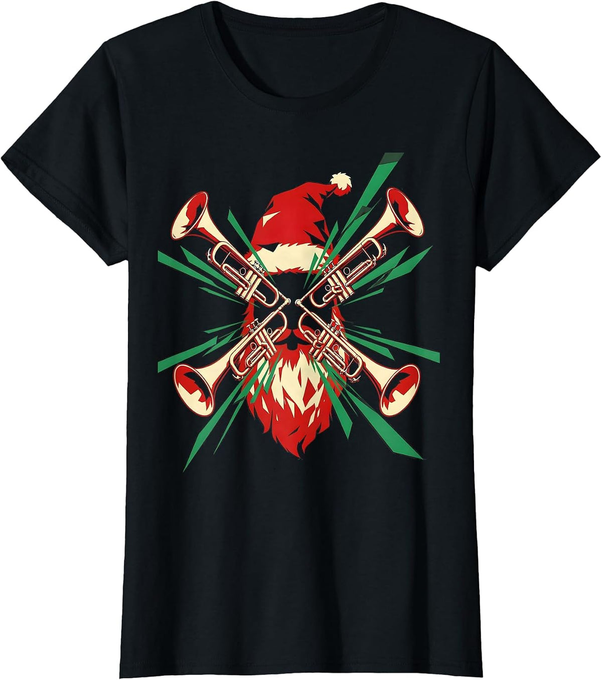 Futurist Trombone Santa Hat Radial Burst Music Humor T-Shirt - Black