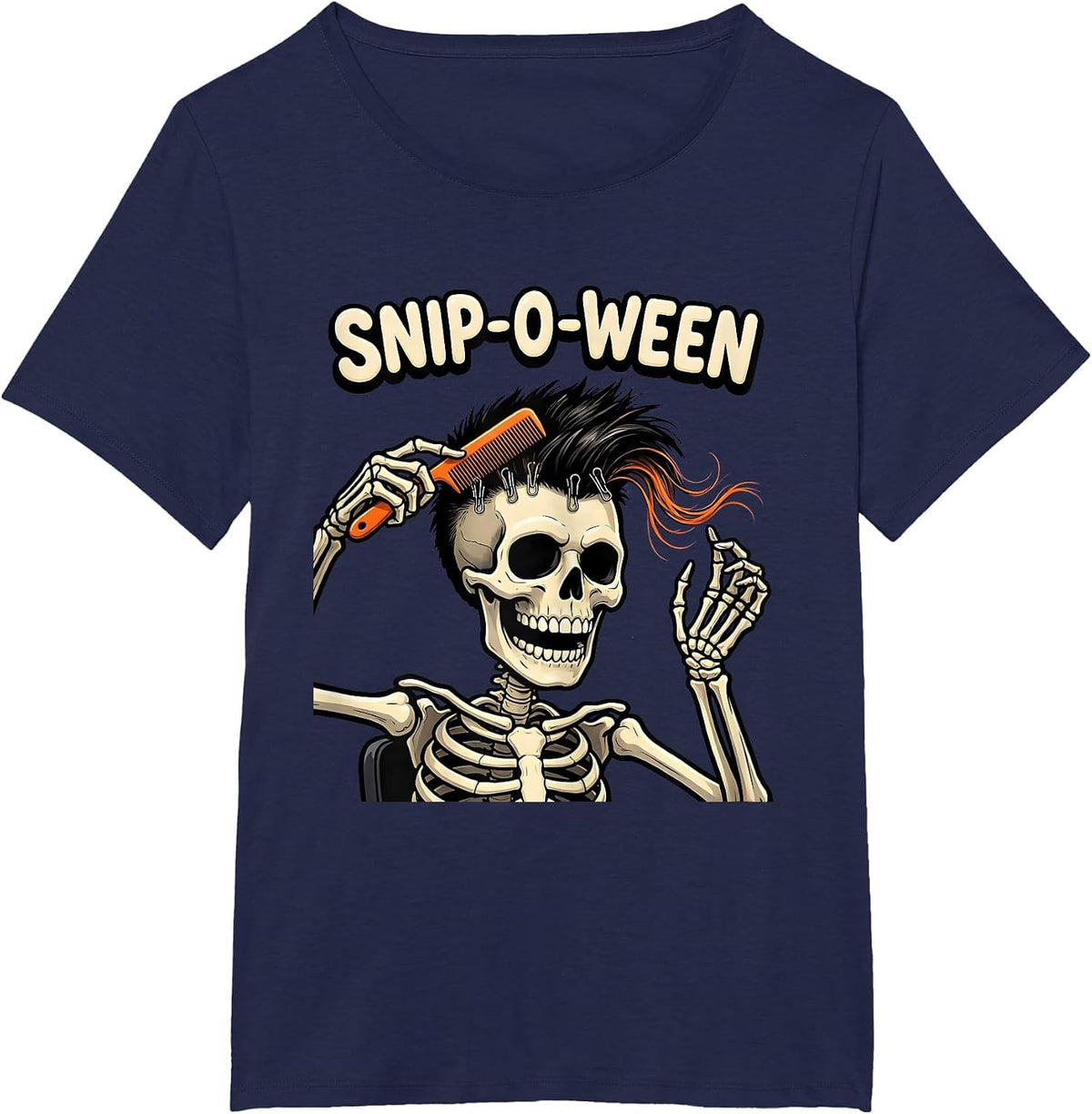 Women's Snip-o-Ween Cartoon Skeleton Hairstylist Halloween Barber T-Shirt - Navy Blue