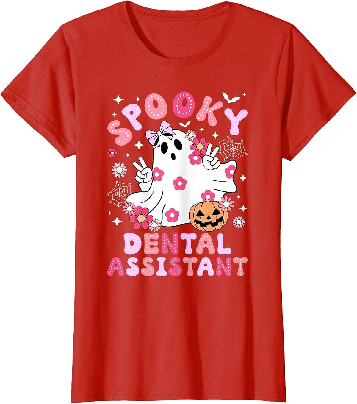 Spooky Dental Assistant Halloween Dental Assisting Groovy T-Shirt - Red
