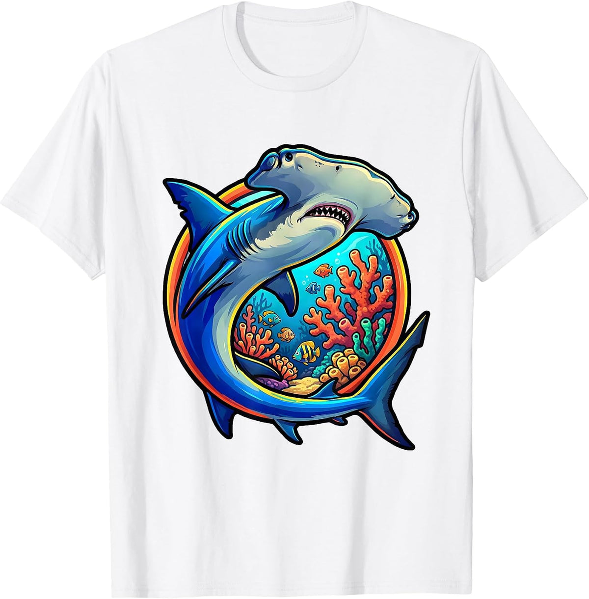 Men's Hammerhead Shark Circling Coral Reef Design T-Shirt - White